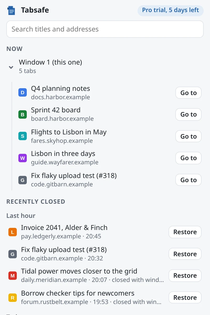 The Tabsafe panel: the windows open now, then recently closed tabs, each with a Restore button